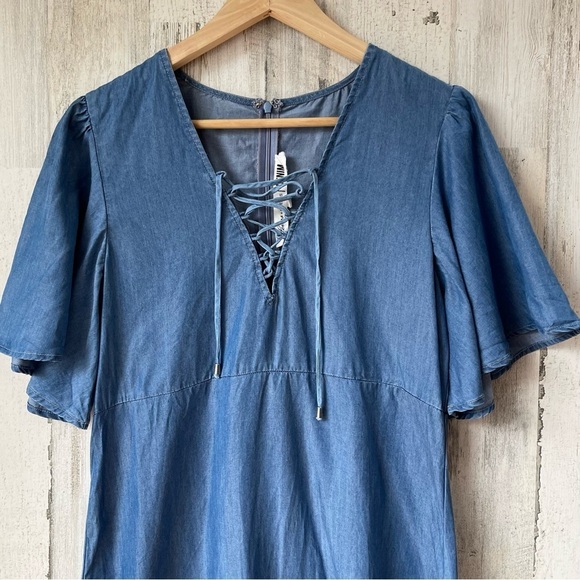 Lovers + Friends Denim Washed Ashore Flutter Sleeve Lace Up Dress Size S - Picture 4 of 13